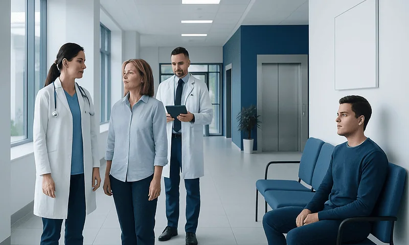 Medical team consulting patient in hospital corridor for second opinion.