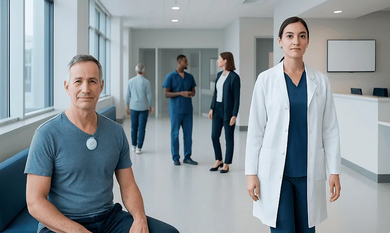 Patient with wearable ECG monitor in hospital corridor with medical staff.