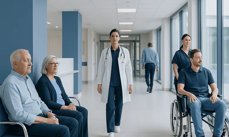 Diverse group of patients and healthcare professional in hospital corridor.