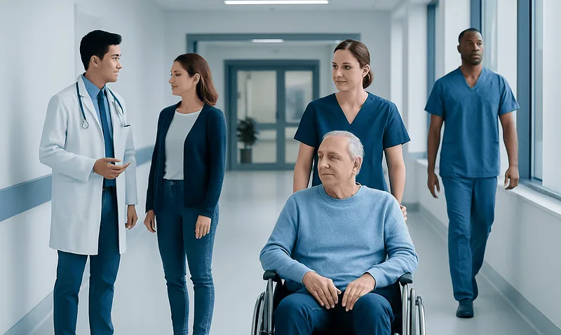 Medical team discussing patient care in hospital corridor.