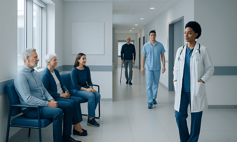 Healthcare professionals and patients in a hospital corridor.