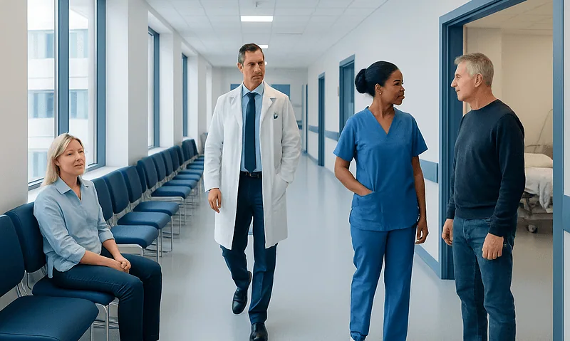 Medical professionals and patient in hospital corridor at Acibadem Hospitals Group.