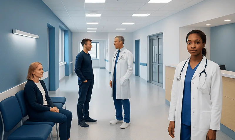 Medical consultation in a modern hospital corridor with healthcare professionals.