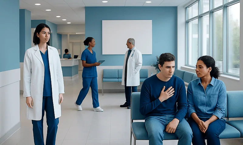 Patients waiting in a hospital corridor with medical staff nearby.