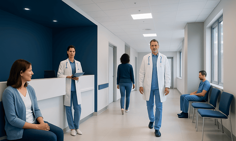 Medical professionals and patients in a hospital corridor at Acibadem Hospitals Group.