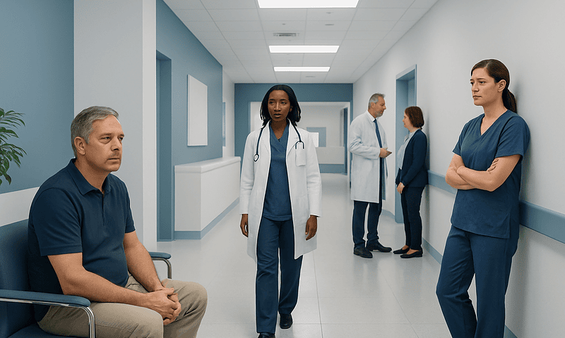 Patients and healthcare professionals in a hospital corridor.