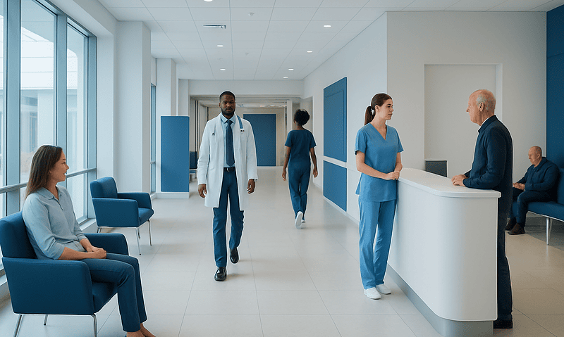 Healthcare professionals and patients in a modern hospital lobby.