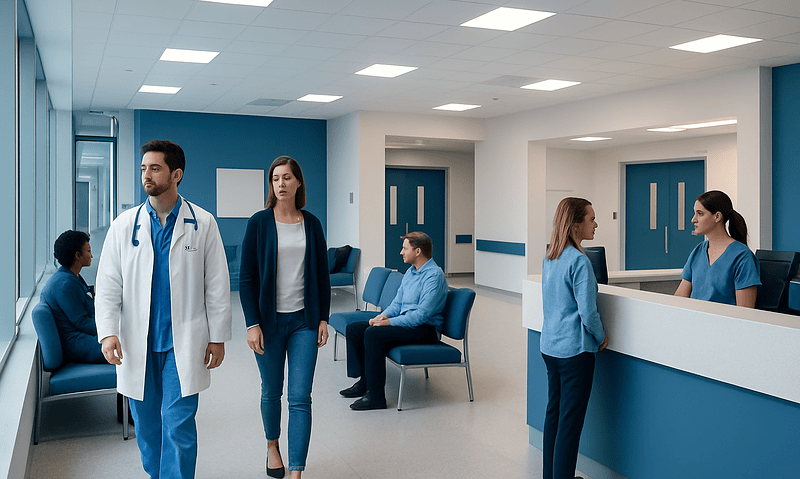 Modern hospital emergency room with medical staff and patients.