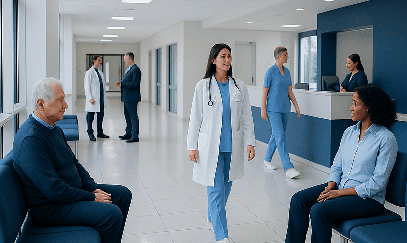 Medical staff and patients in a hospital corridor at Acibadem Hospitals Group.