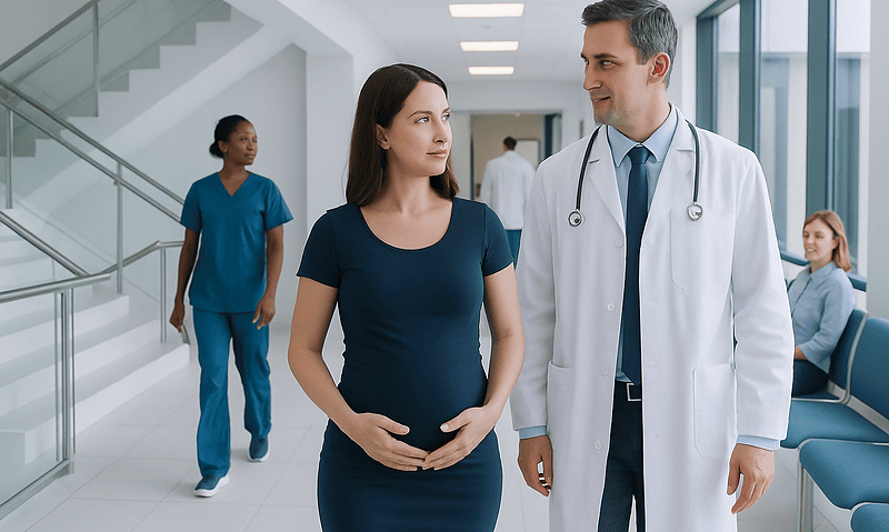 Pregnant woman consulting with a doctor in a hospital corridor.