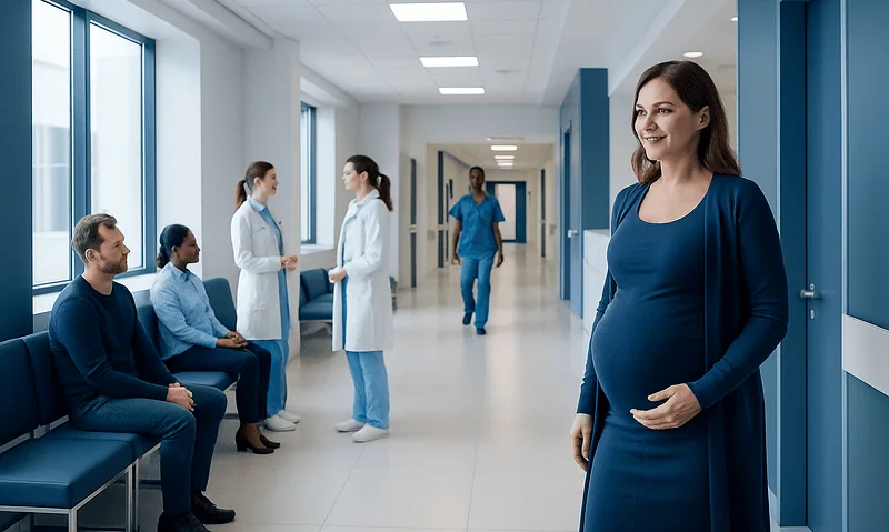 Pregnant woman in hospital corridor with medical staff and patients.