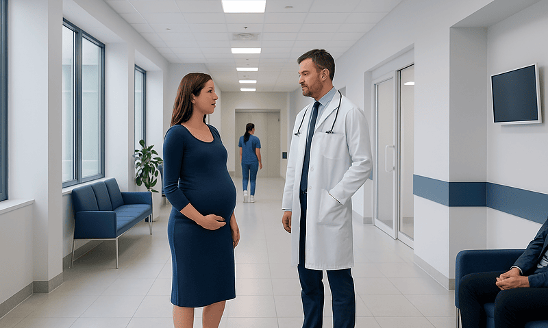 Pregnant woman consulting with doctor in hospital corridor.
