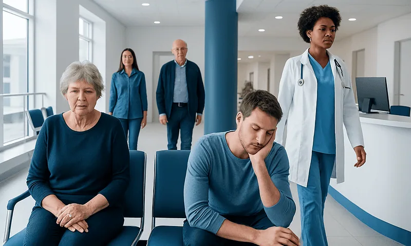 Health Library 12 Patient experiencing symptoms in hospital waiting area with medical staff nearby.