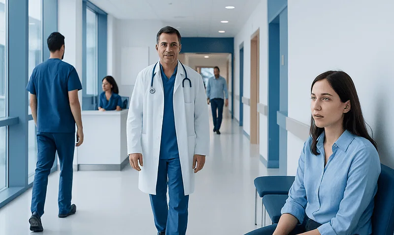 Medical professionals and patient in a modern hospital corridor.