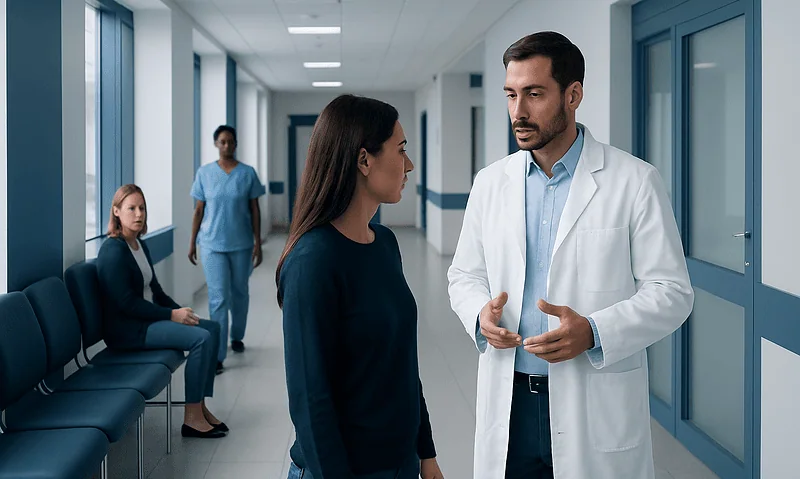Doctor consulting a patient in a hospital corridor with staff in the background.