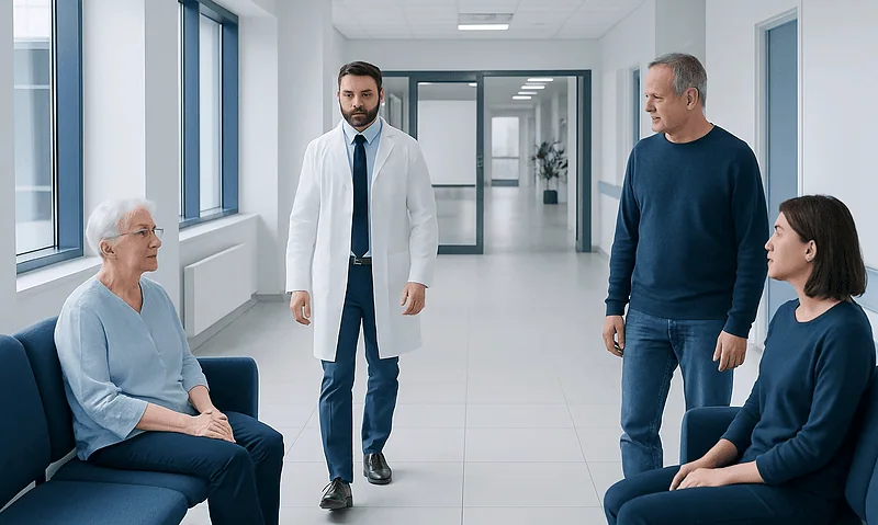 Doctor consulting with elderly patient and family in hospital corridor.