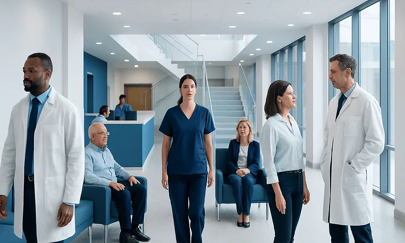 Medical staff and patients in a modern hospital waiting area.