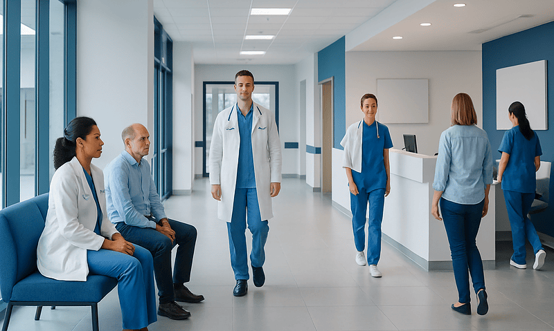 Medical team in hospital corridor with patients and staff.