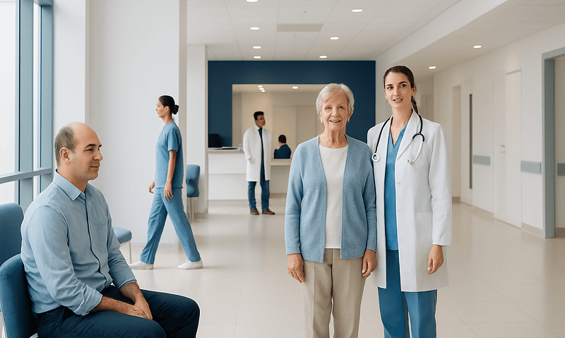 Healthcare professionals and patient in a modern hospital corridor.