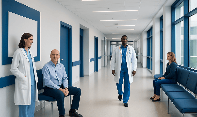 Medical professionals and patients in a modern hospital corridor.