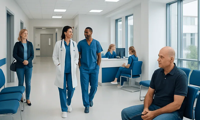 Medical staff and patient in a hospital corridor at Acibadem Hospitals Group.