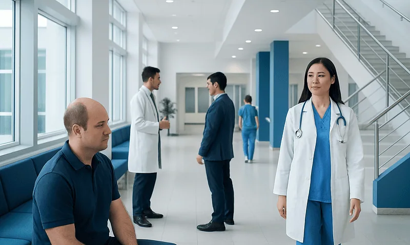 Medical professionals and patient in a modern hospital corridor.