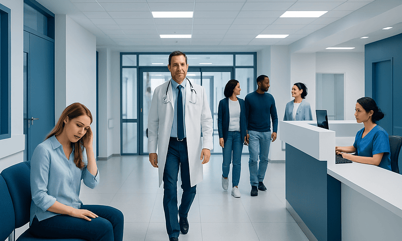 Hospital waiting area with patients and medical staff at Acibadem Hospitals Group.