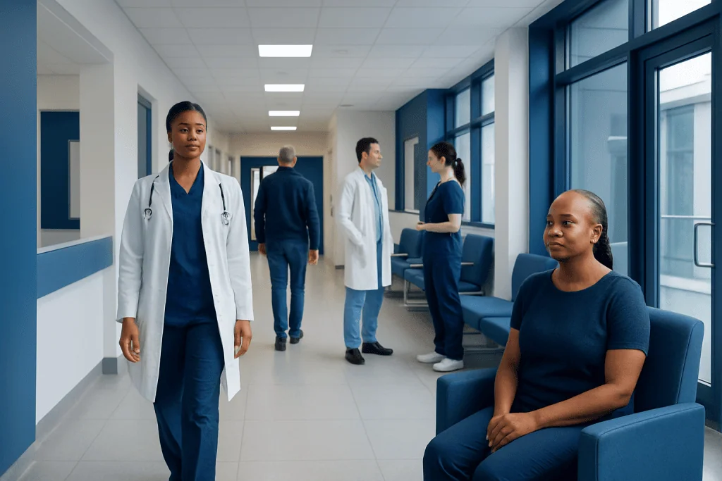 Traction Alopecia: How Hairstyles Cause Hair Loss and How to Reverse It 1 Diverse medical team in hospital corridor with patient.