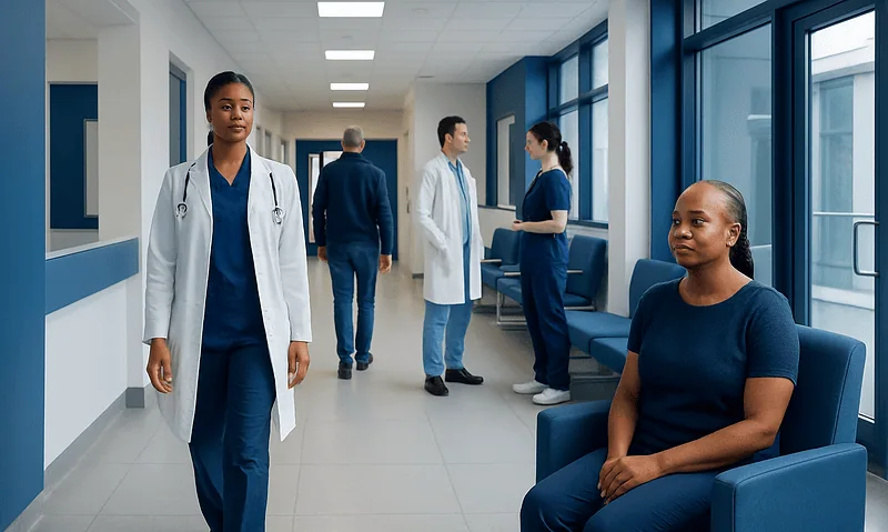 Diverse medical team in hospital corridor with patient.
