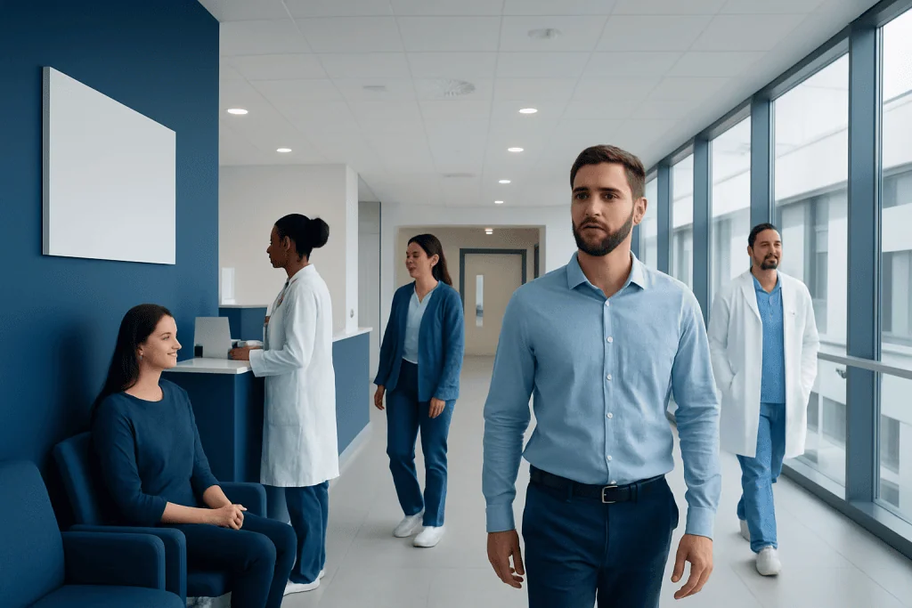 Beard Transplant: Procedure, Cost Factors, and Results Timeline 1 Medical team consulting patient in modern hospital corridor.