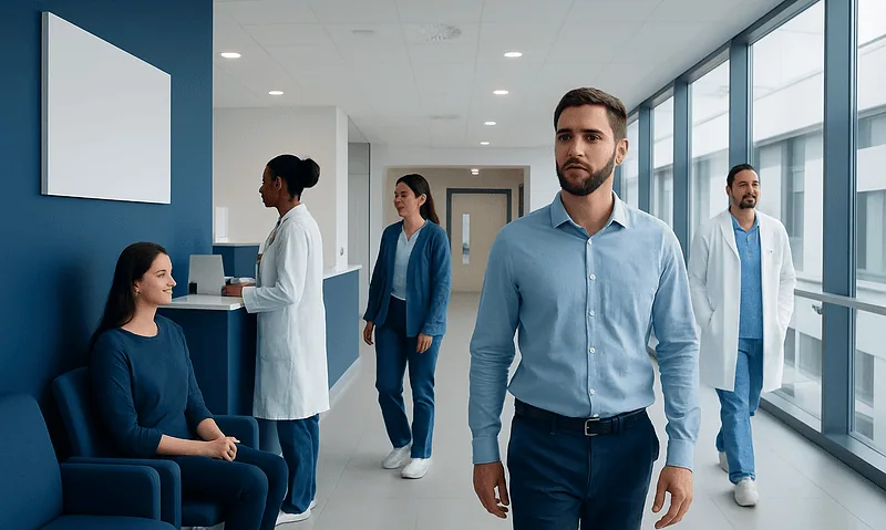 Medical team consulting patient in modern hospital corridor.