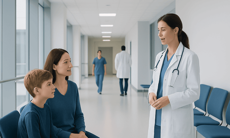 Doctor talking to a mother and her child in a hospital corridor.