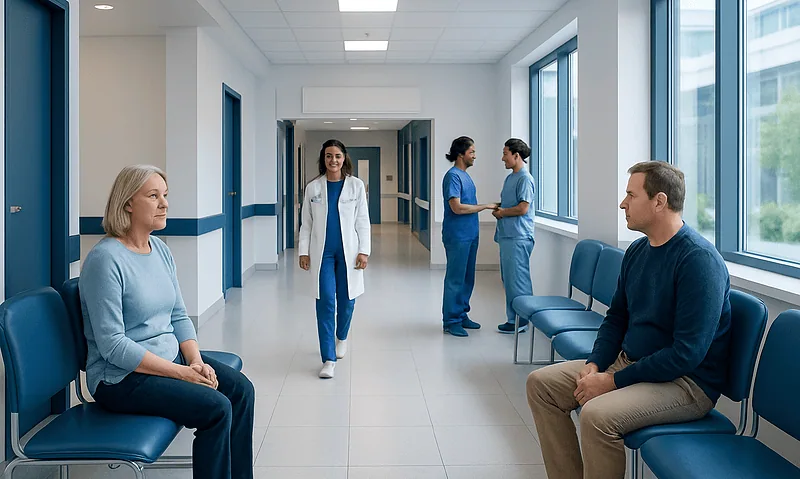 Patients and healthcare professionals in a hospital corridor.