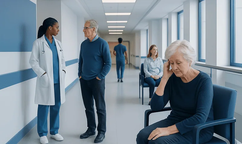 Elderly woman experiencing memory issues in a hospital corridor.
