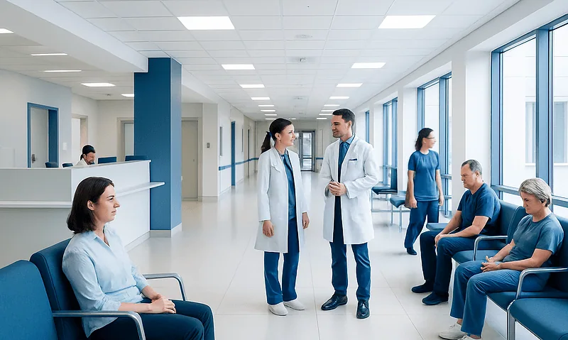 Doctors consulting with patients in a modern hospital corridor.