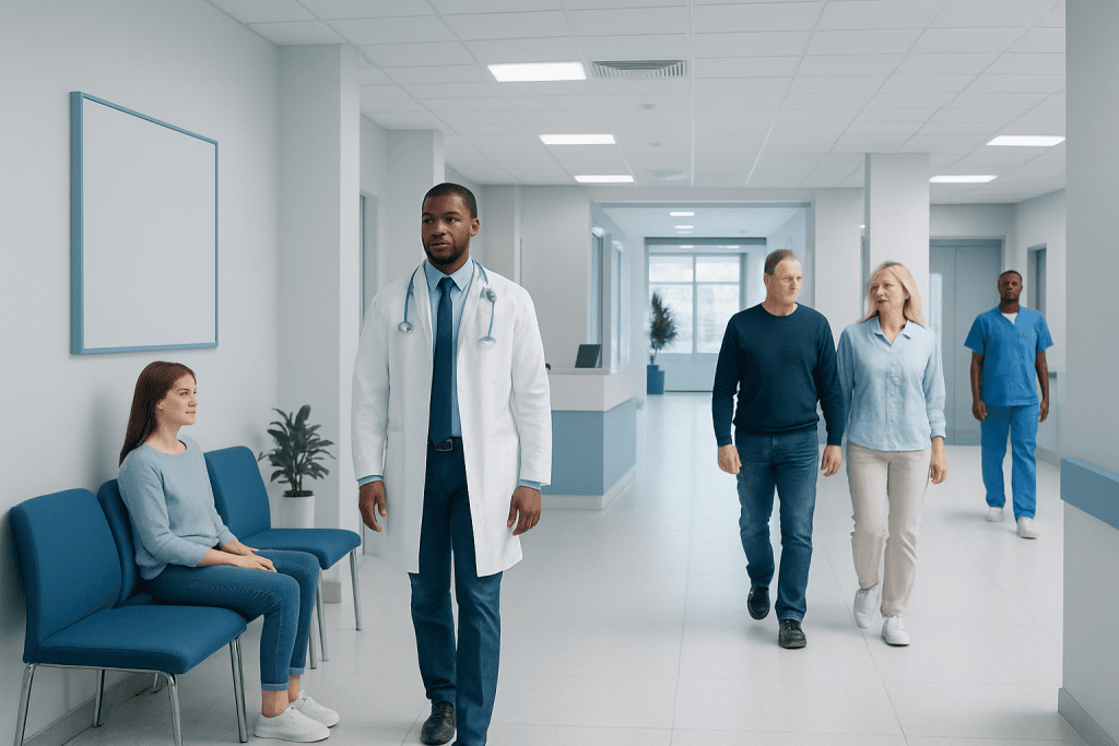 Peripheral Vision Loss: Causes and When Neuro-Ophthalmology Is Needed 1 Medical staff and patients in a hospital corridor at Acibadem Hospitals Group.