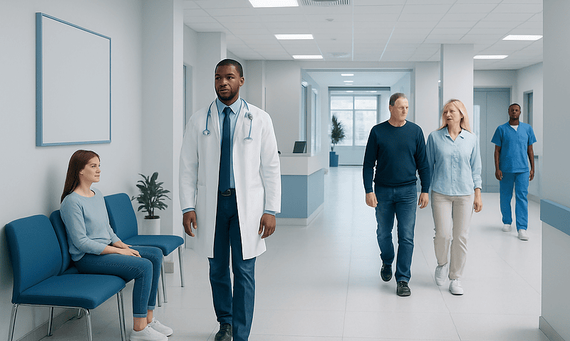 Medical staff and patients in a hospital corridor at Acibadem Hospitals Group.