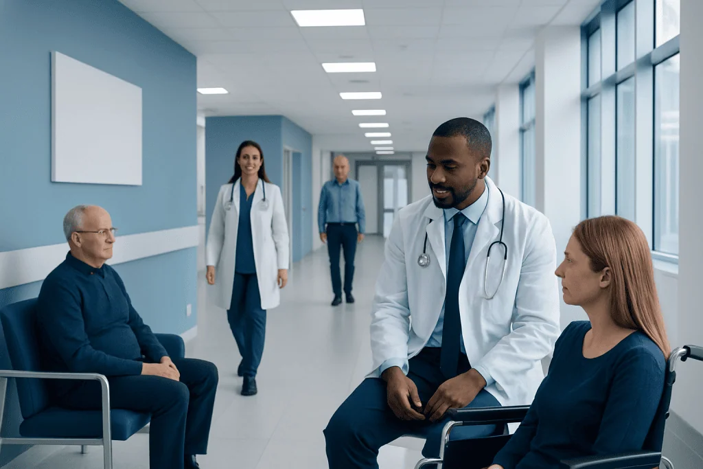 Motor Neuron Disease: How Diagnosis Is Confirmed and What Tests Are Used 1 Doctor consulting with a patient in a hospital corridor.