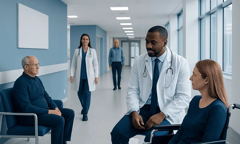 Doctor consulting with a patient in a hospital corridor.