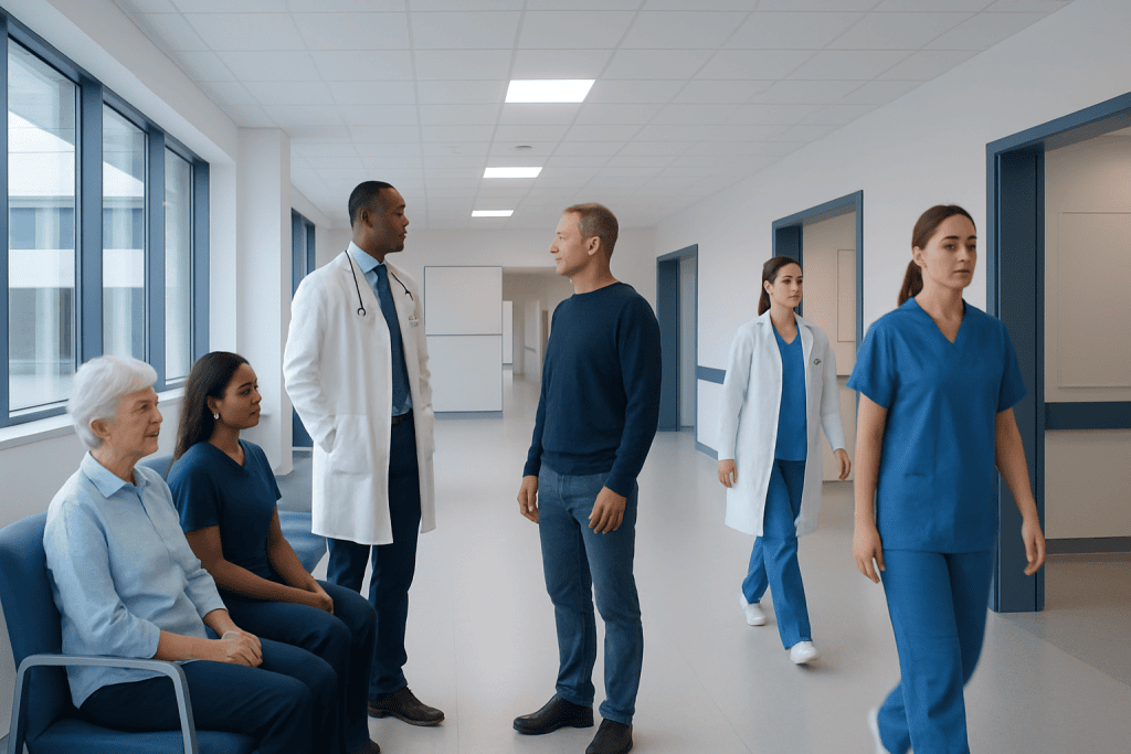 Persistent Hiccups and Swallowing Trouble: Could It Be a Neuroinfectious Disease? 1 Hospital staff and patient in a medical corridor at Acibadem Hospitals Group.