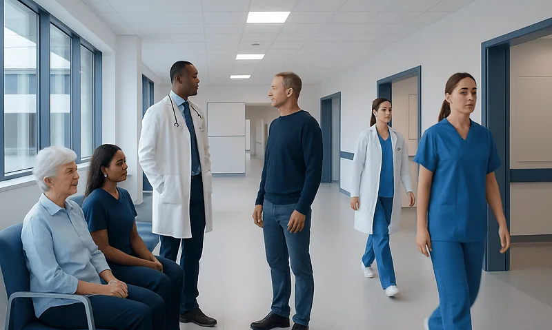 Hospital staff and patient in a medical corridor at Acibadem Hospitals Group.