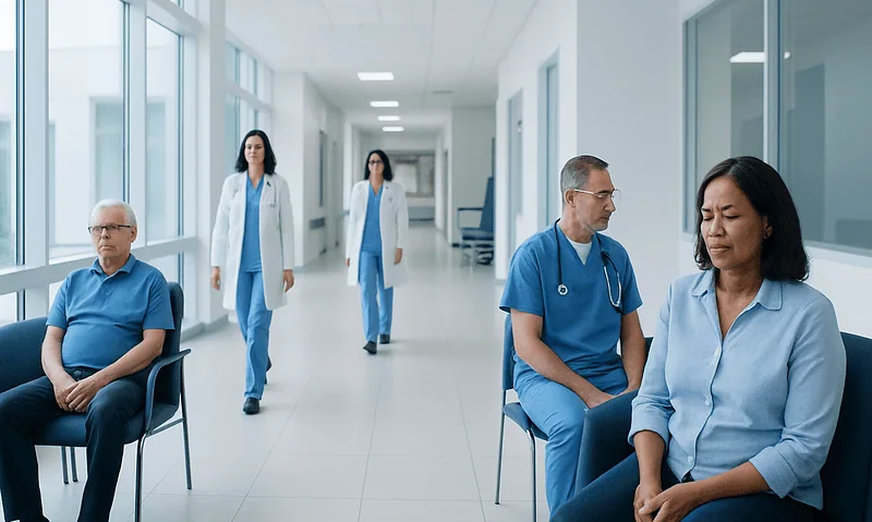 Patients waiting in a hospital corridor with medical staff nearby.