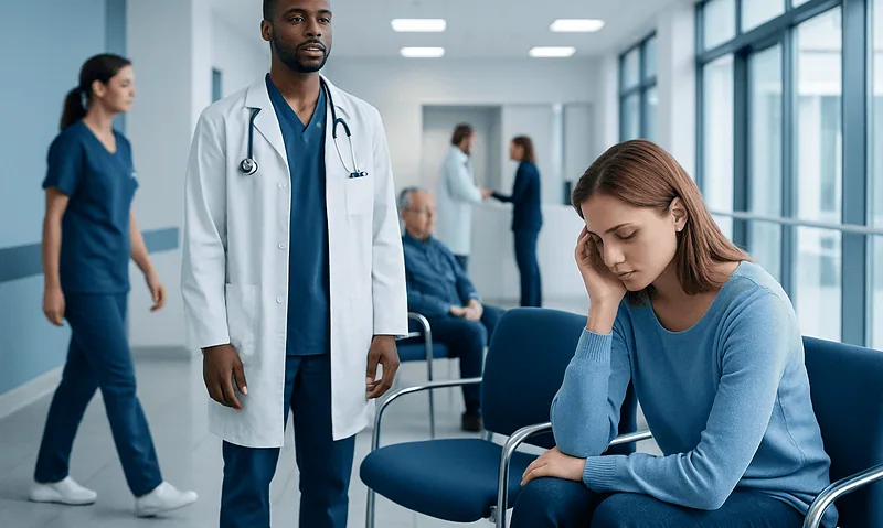 Young woman experiencing anxiety in a hospital waiting room with medical staff nearby.