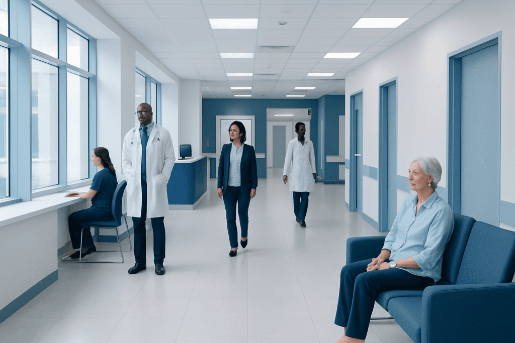 Recurrent Transient Ischemic Attacks: When a Second Stroke Opinion Matters 1 Medical professionals and patient in a hospital corridor with large windows.