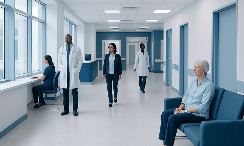 Medical professionals and patient in a hospital corridor with large windows.
