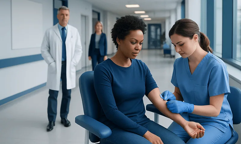 Nurse drawing blood from a patient in a hospital corridor.