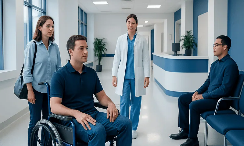 Medical consultation with patients in a hospital corridor.