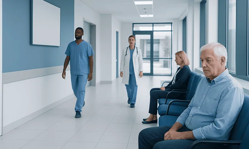Hospital corridor with patients and medical staff in a modern healthcare facility.