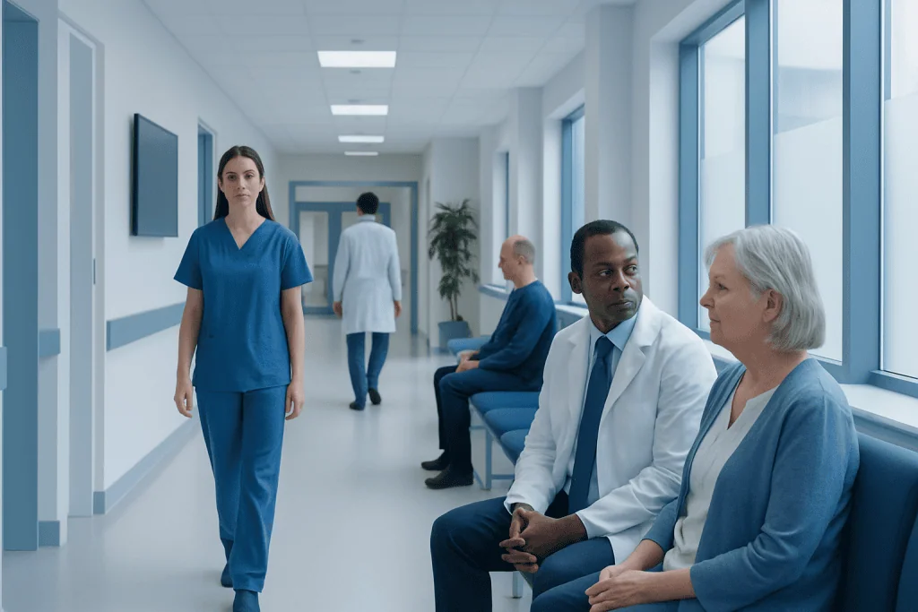 Pneumonia: When a Chest Infection Needs Urgent Medical Care 1 Healthcare professionals and patients in a hospital corridor.