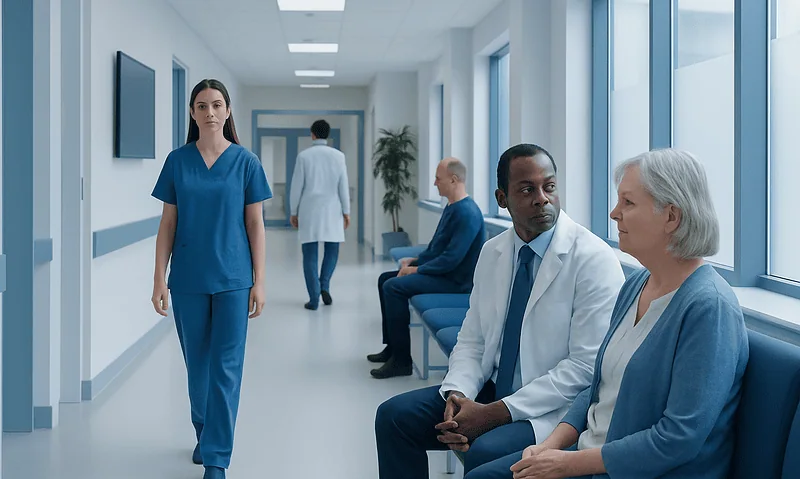 Healthcare professionals and patients in a hospital corridor.